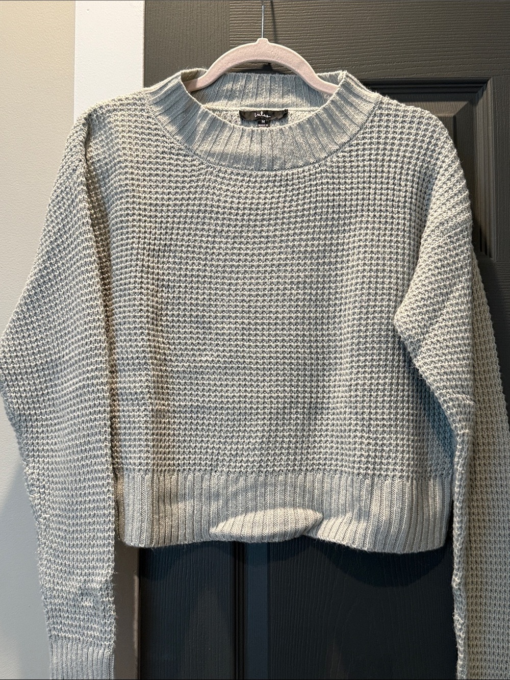 Light Gray Waffle Knit Cropped Crewneck Sweater